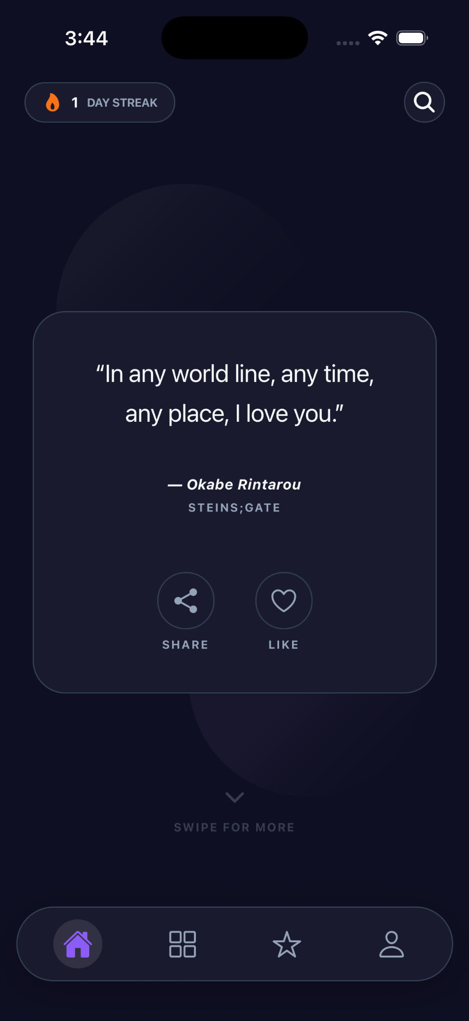 Anispire home screen showing a daily anime quote